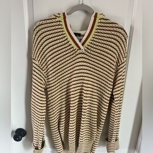 Monrow Brown and Cream V-Neck Sweater with Stripes